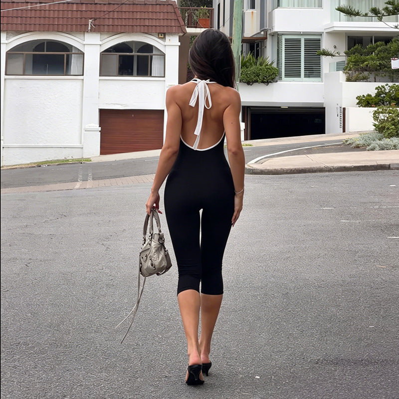The Daydream Jumpsuit, from the back, showing the open tie back