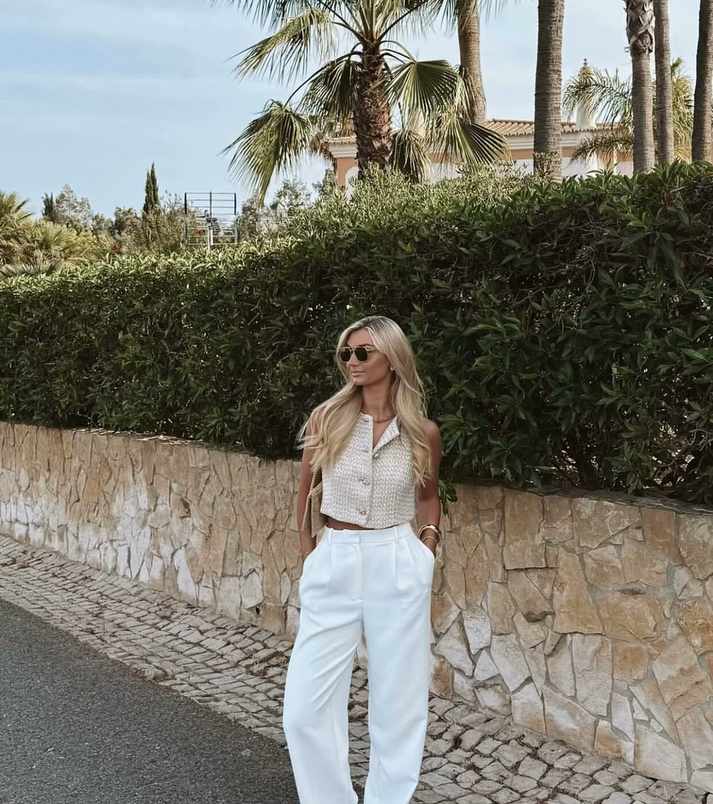 The Gilded Waistcoat, full length with white trousers