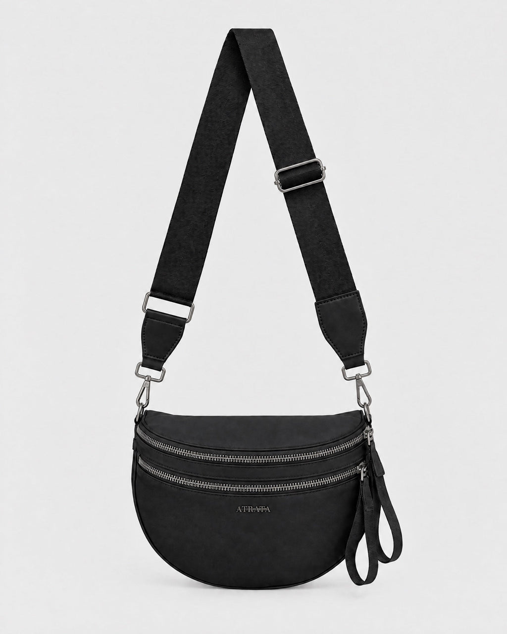 The Kelaino Crossbody, front view in black