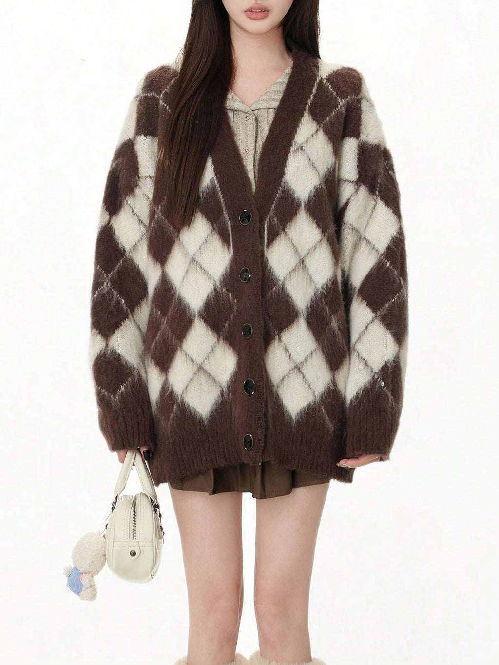 The Chocolate Argyle Cardigan in chocolate