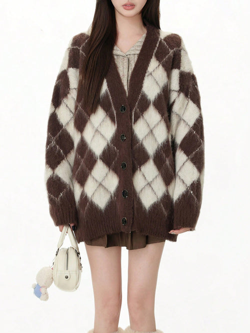 The Chocolate Argyle Cardigan in chocolate