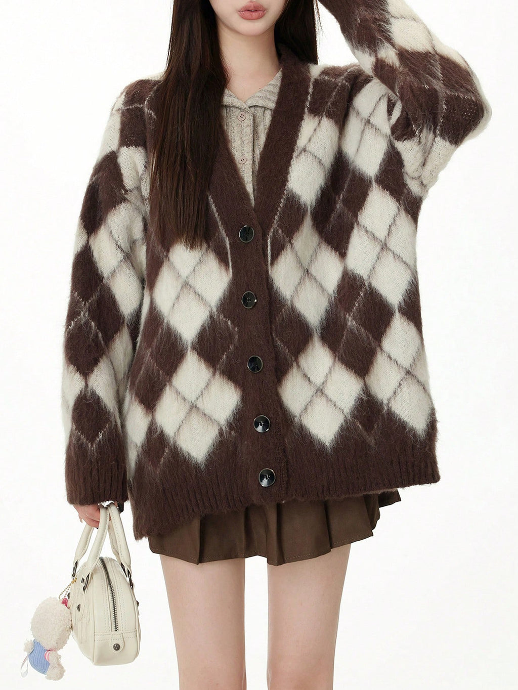 The Chocolate Argyle Cardigan in chocolate
