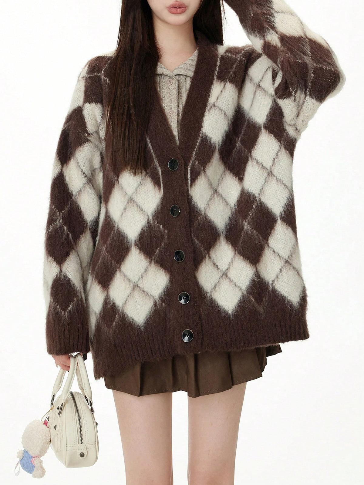 The Chocolate Argyle Cardigan in chocolate