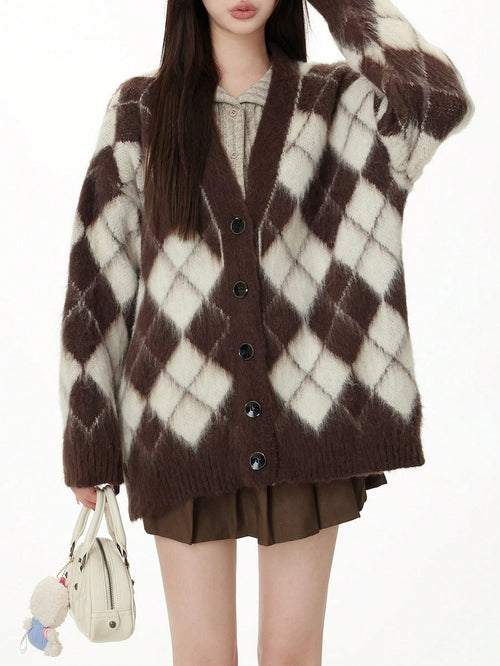 The Chocolate Argyle Cardigan in chocolate