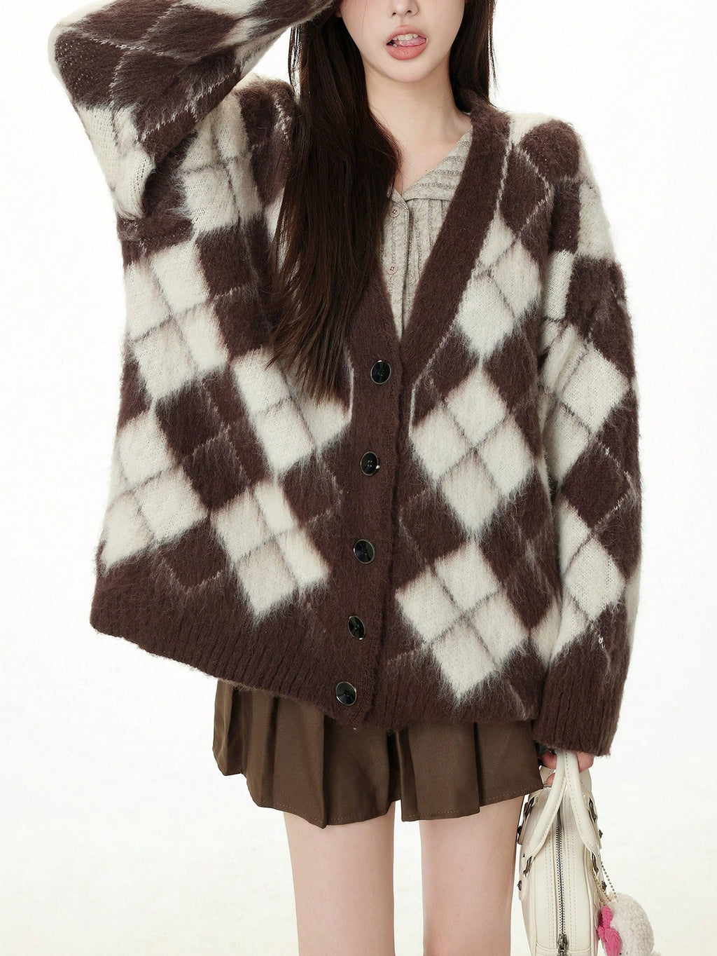 The Chocolate Argyle Cardigan in chocolate
