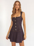 The Lullaby Dress, in indigo denim, front view