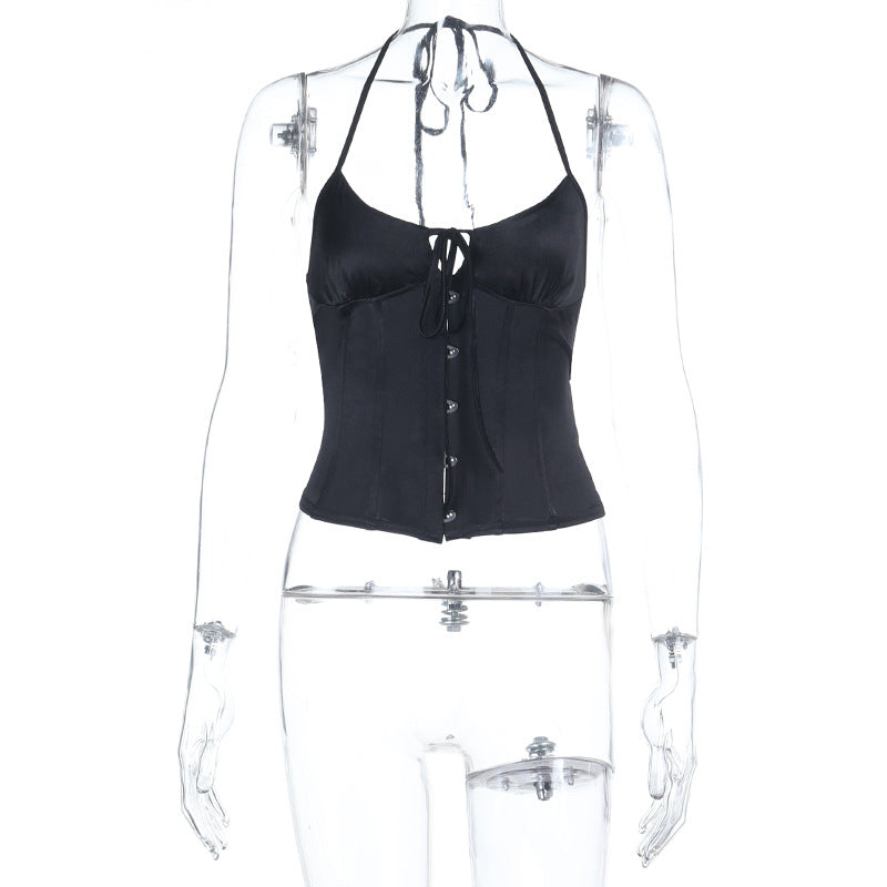 The Serenade Corset Top, in black, flat front view