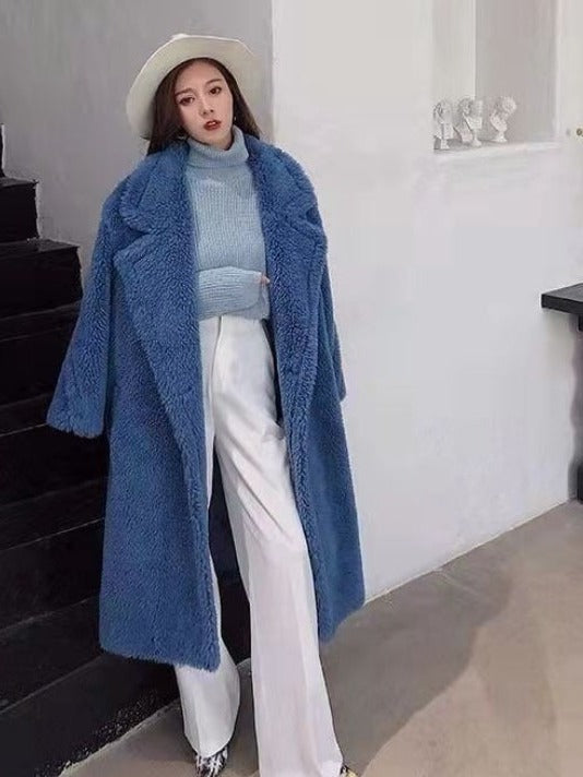 The Long Teddy Coat in dusty blue