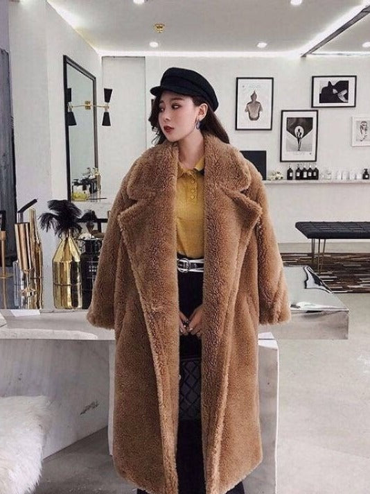 The Long Teddy Coat in teddy brown